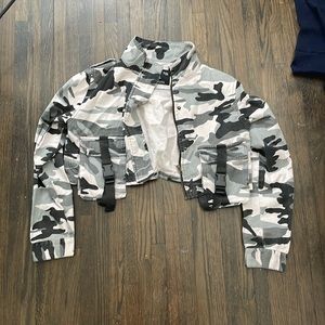 Black and lite pink camo jean jacket